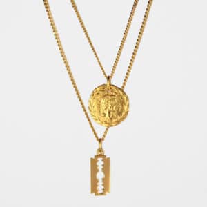 Brutus Coin and Razor Blade Necklace Set Gold Vermeil