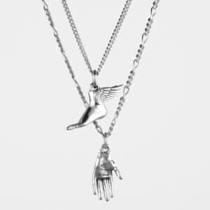 Hand and Winged Foot Necklace Set Silver
