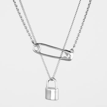 Safety Pin Padlock Necklace Set Silver