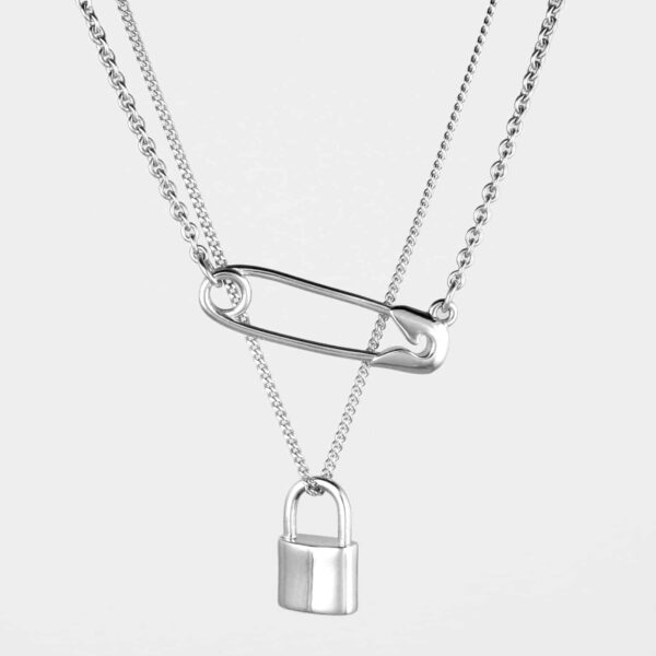 Safety Pin Padlock Necklace Set Silver