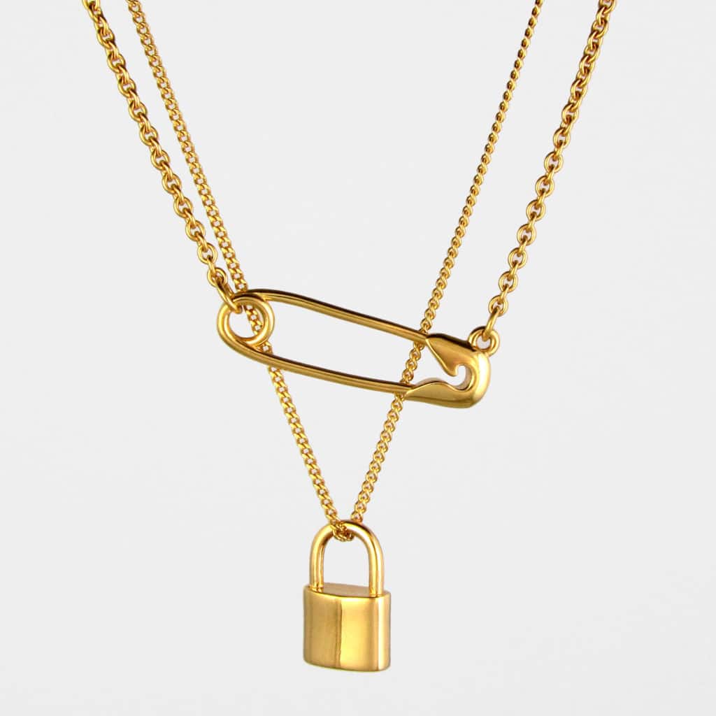 Safety Pin Padlock Necklace Set Gold Vermeil